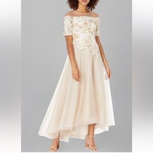 Adrianna Papell Crew Neck Illusion Short Sleeve Embroidered Sequined Zipper Back